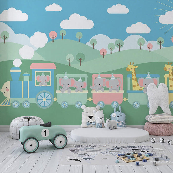 Papel de parede quarto bebê | Comboio alegre com elefantes e girafas coloridas