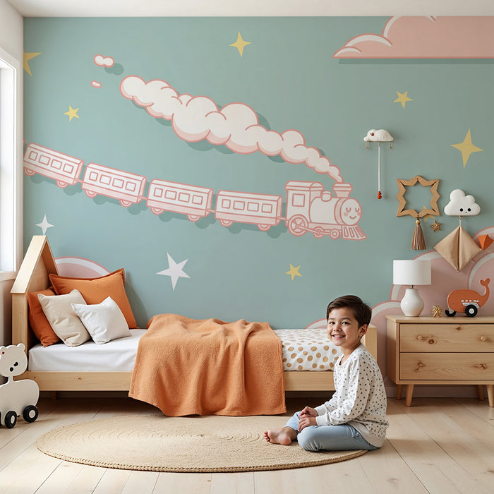 Papel de parede quarto bebê | Весел поезд в звездно небе и облачно