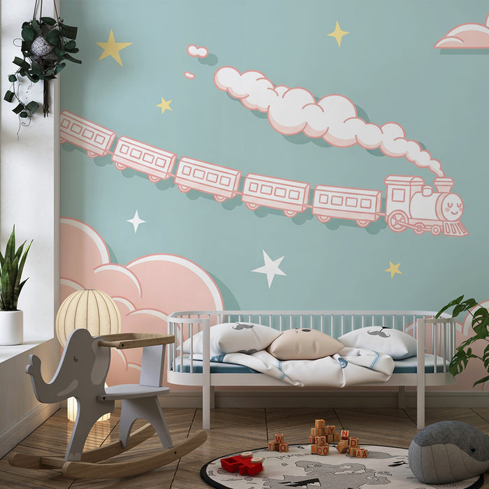 Papel de parede quarto bebê | Весел поезд в звездно небе и облачно