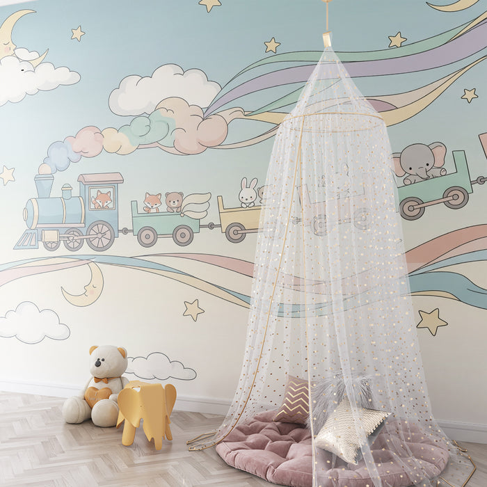 Χαρτί τοίχου βρεφικού δωματίου | Μαγικό τρένο με ζώα και αστερόσκονες