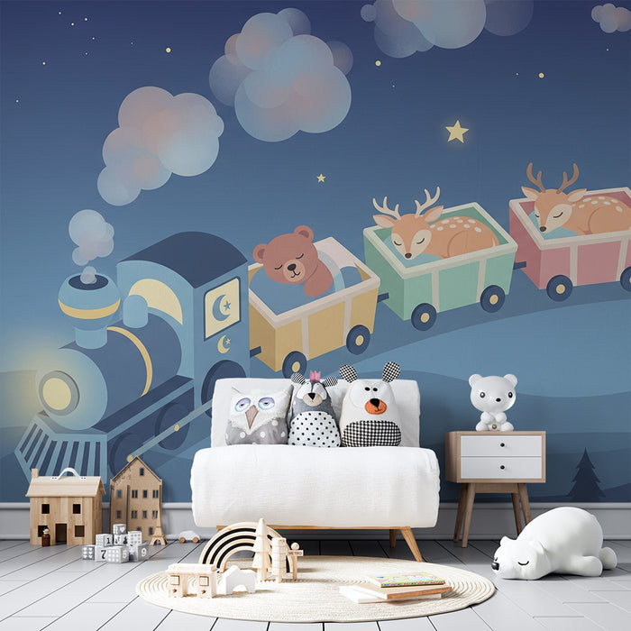 Babyzimmer Tapete | Magische Zug mit schlafenden Tieren unter den Sternen