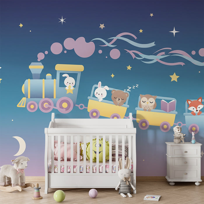 Nursery room wallpaper | Magical train with sleeping animals under a starry sky