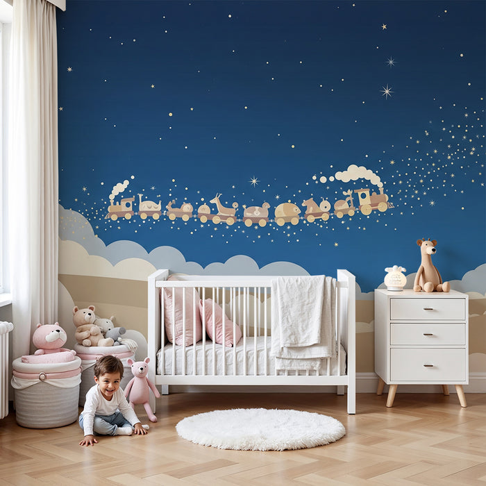 Nursery room wallpaper | Magical train in a starry sky