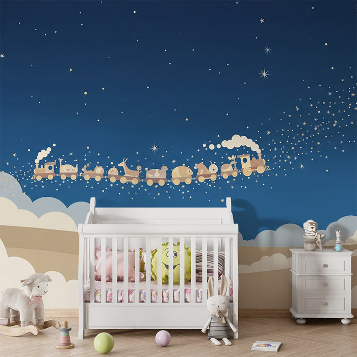 Nursery room wallpaper | Magical train in a starry sky