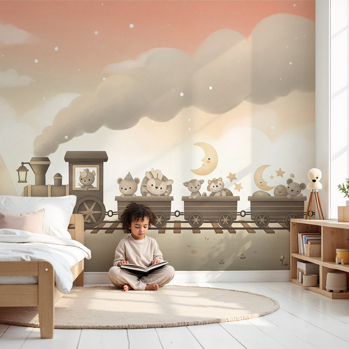 Tapet barnerom | Søt tog med dyr på reise under en stjerneklar himmel