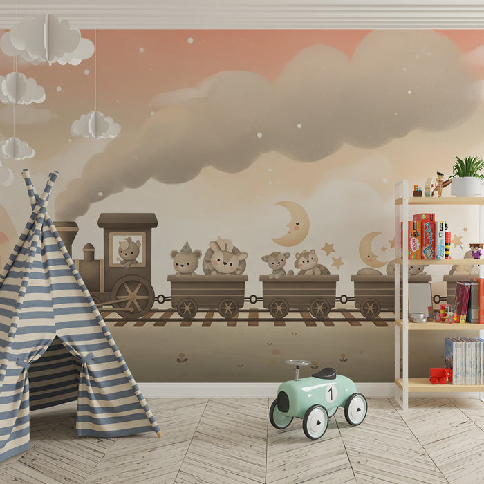 Tapet barnerom | Søt tog med dyr på reise under en stjerneklar himmel