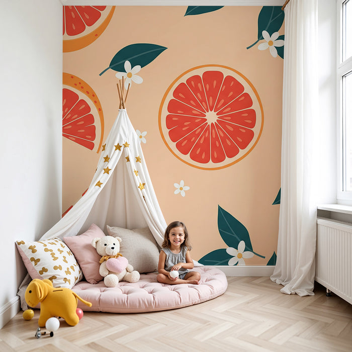 Babykamer behang | Grapefruit plakjes en bloemen op een zachte achtergrond