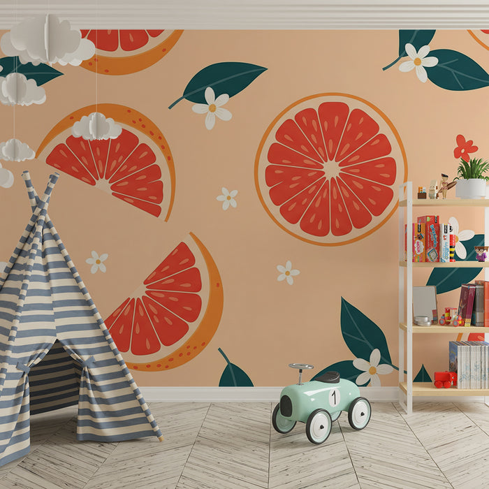 Babykamer behang | Grapefruit plakjes en bloemen op een zachte achtergrond