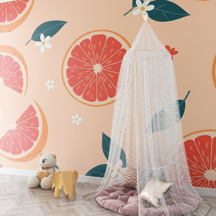 Babykamer behang | Grapefruit plakjes en bloemen op een zachte achtergrond
