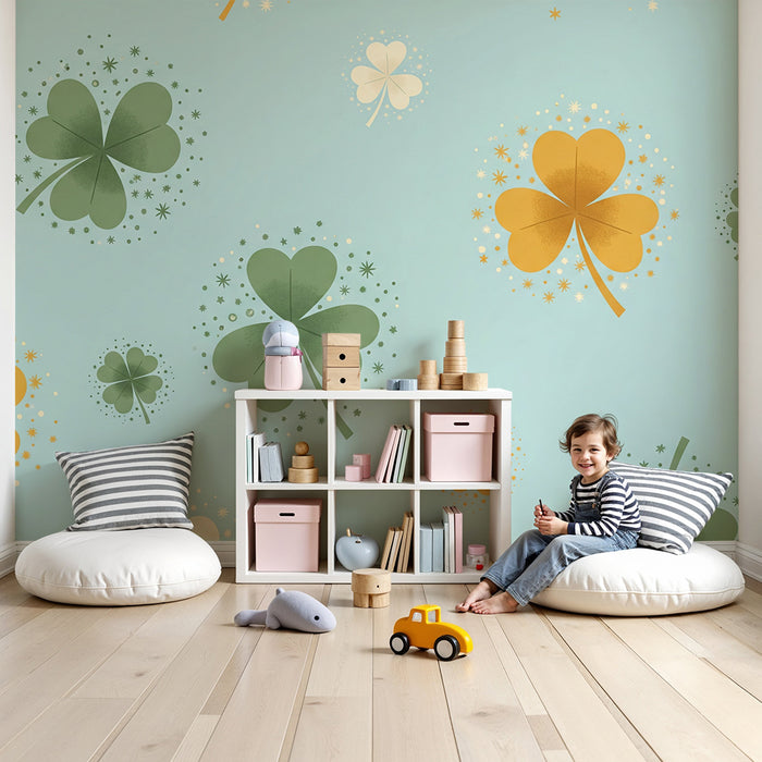 Papel de parede para quarto de bebé | Trevos coloridos sobre fundo azul sereno