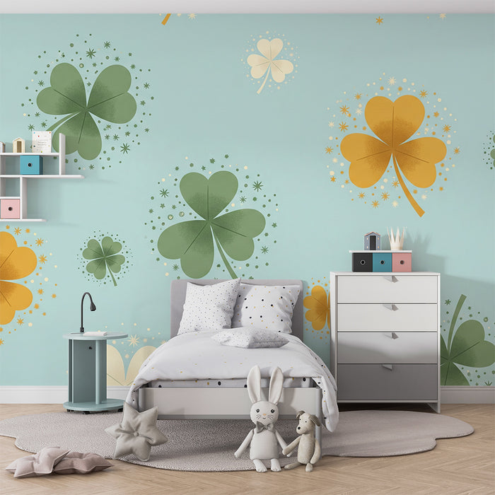 Papel de parede para quarto de bebé | Trevos coloridos sobre fundo azul sereno