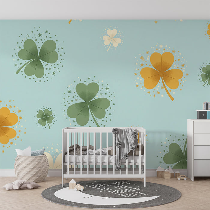 Papel de parede para quarto de bebé | Trevos coloridos sobre fundo azul sereno