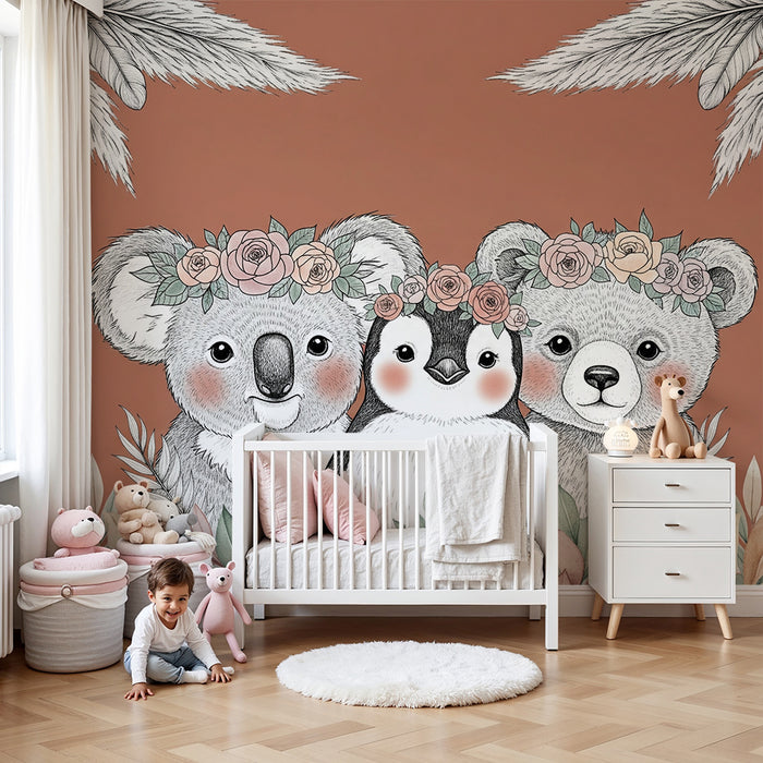 Papier peint chambre bébé | Trio d'animaux adorables avec fleurs