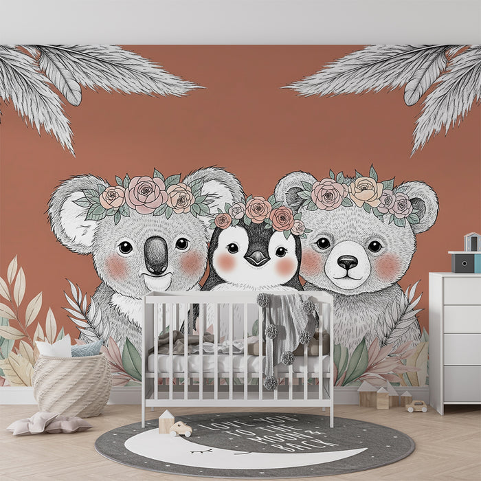 Papier peint chambre bébé | Trio d'animaux adorables avec fleurs