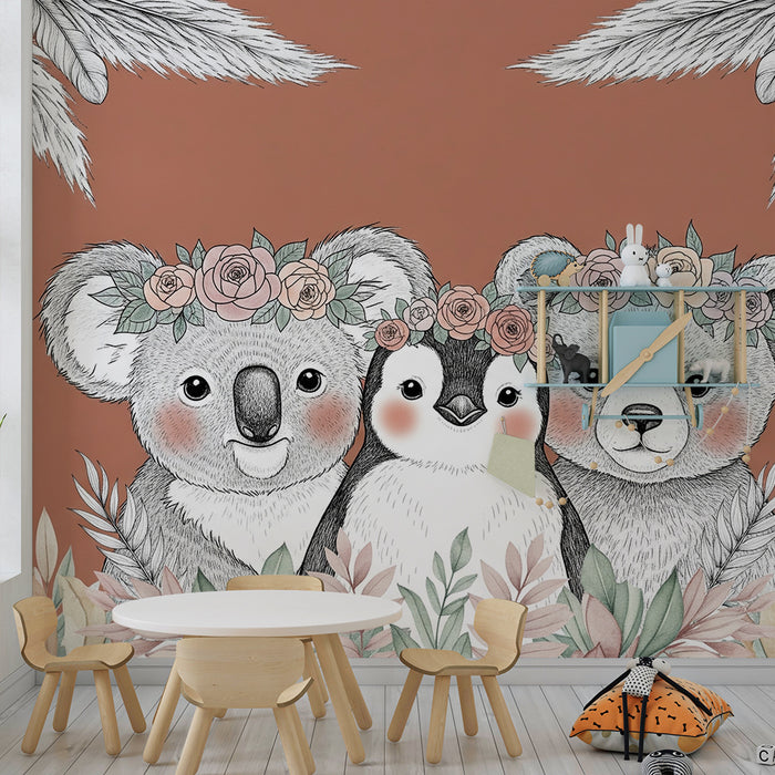Papier peint chambre bébé | Trio d'animaux adorables avec fleurs