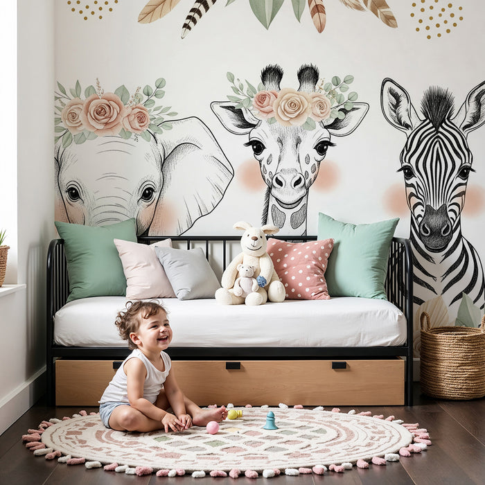 Papier peint chambre bébé | Trio d'animaux mignons avec fleurs bohème