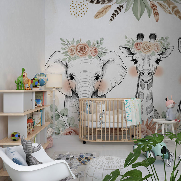 Papier peint chambre bébé | Trio d'animaux mignons avec fleurs bohème