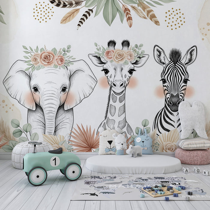 Papier peint chambre bébé | Trio d'animaux mignons avec fleurs bohème