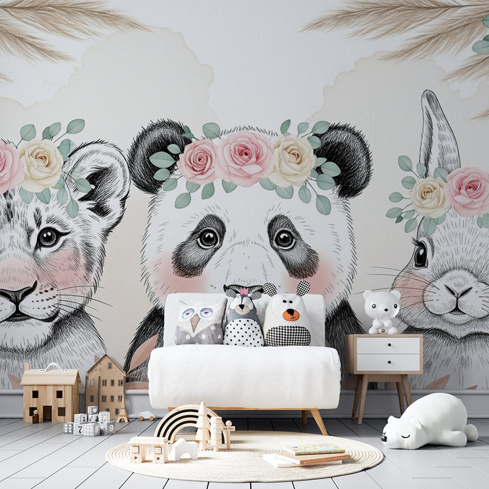 Papel pintado infantil | Trío lindo con coronas de flores
