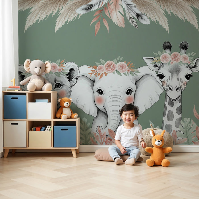 Papier peint chambre bébé | Trois animaux adorables avec couronnes de fleurs