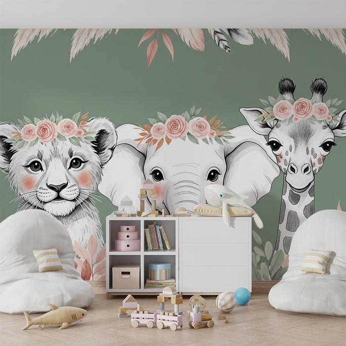 Papier peint chambre bébé | Trois animaux adorables avec couronnes de fleurs