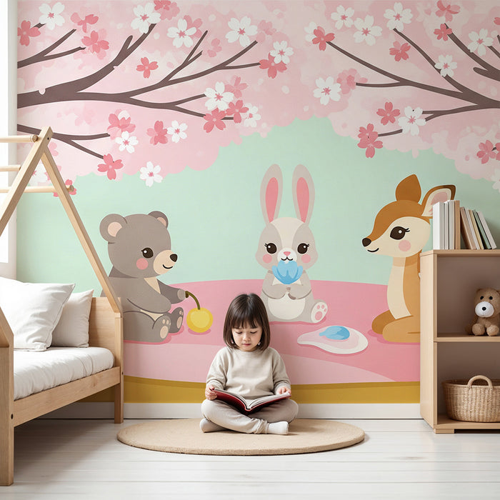 Papel de parede quarto bebê | Три сладки животни под цъфтяща череша