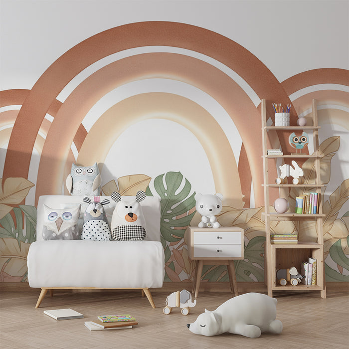 Papel de parede quarto bebê | Três arcos-íris terracota e folhagem tropical