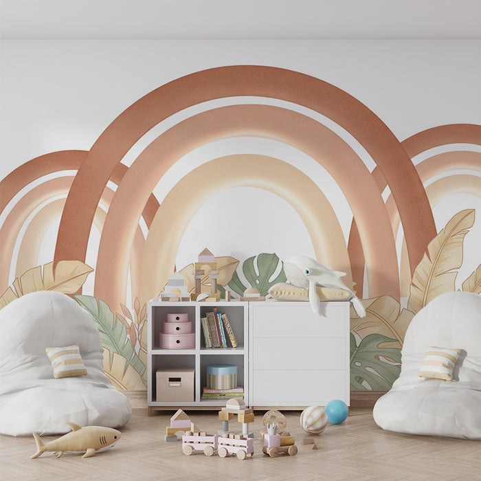 Papel de parede quarto bebê | Três arcos-íris terracota e folhagem tropical