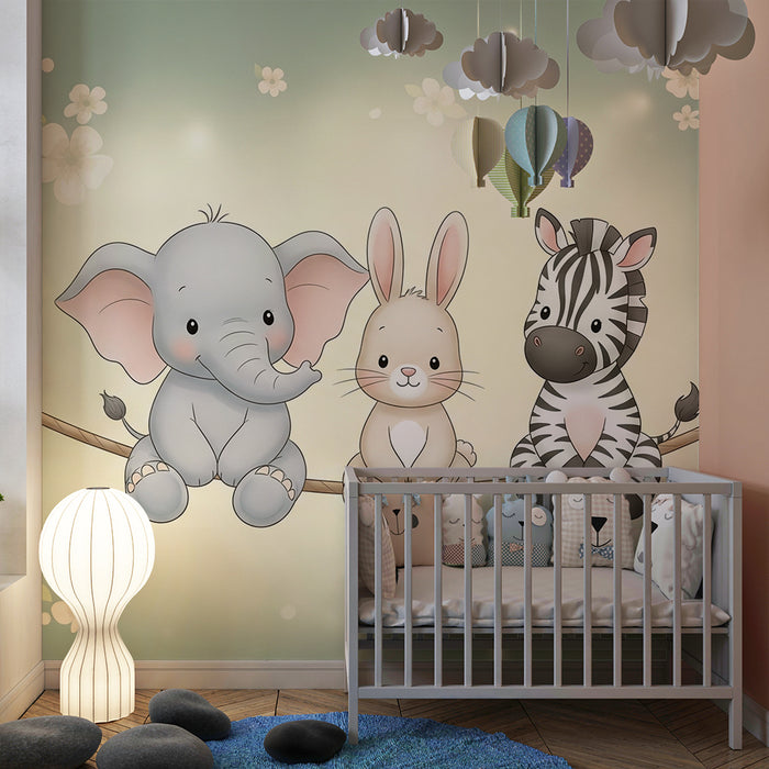 Papier peint chambre bébé | Trois copains animaux sur une corde