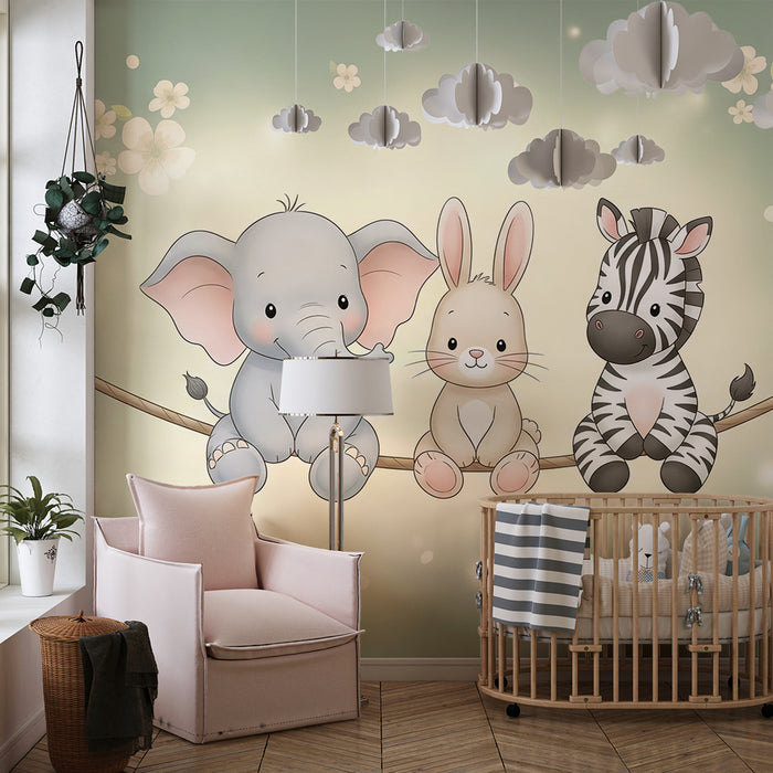 Papier peint chambre bébé | Trois copains animaux sur une corde