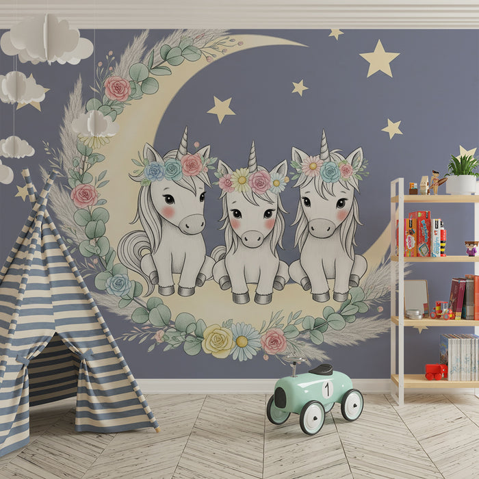 Papier peint chambre bébé | Trois licornes sous la lune