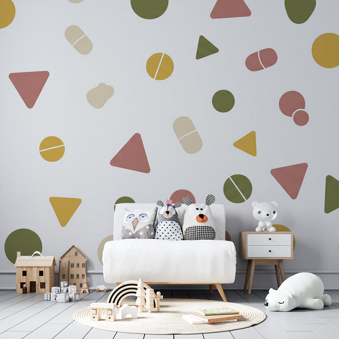 Papel de parede quarto bebê | Triptiki geometričnih barvnih vzorcev na beli podlagi