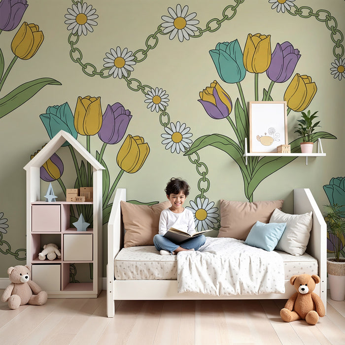 Tapet pentru camera copilului | Lalele colorate și margarete pe fundal delicat