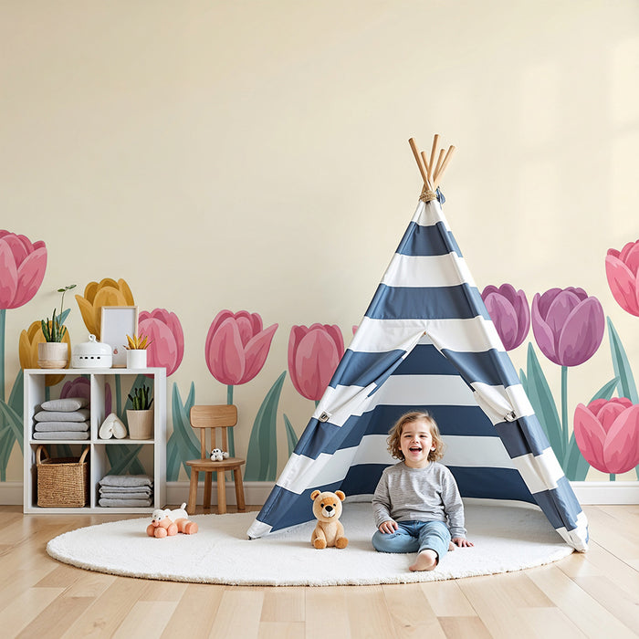 Papier peint chambre bébé | Tulipes colorées sur fond doux