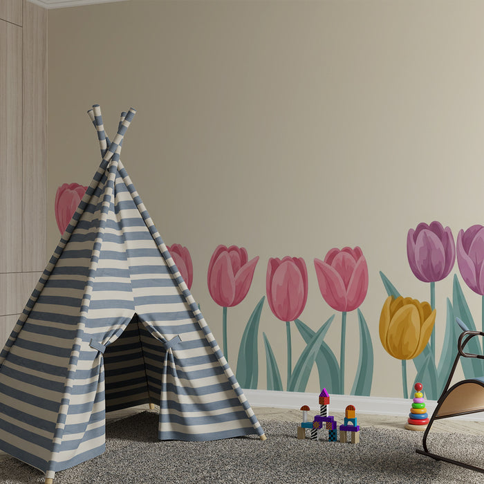 Papier peint chambre bébé | Tulipes colorées sur fond doux