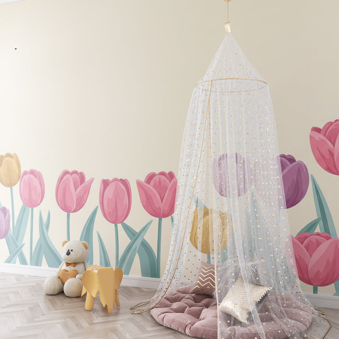 Papier peint chambre bébé | Tulipes colorées sur fond doux