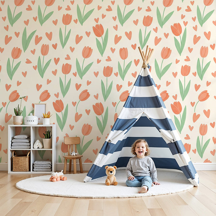 Papier peint chambre bébé | Tulipes délicates et cœurs sur fond doux