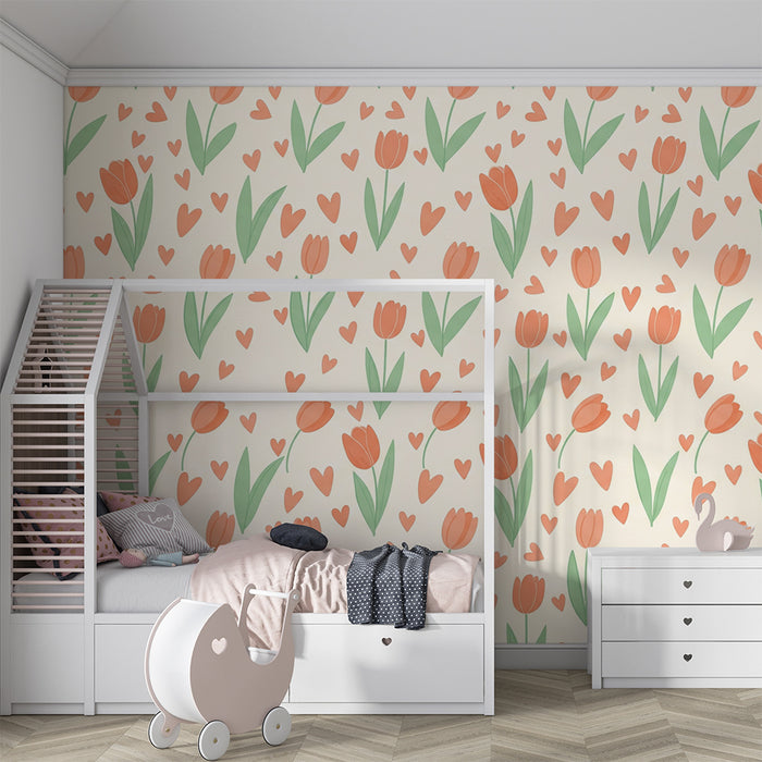 Papier peint chambre bébé | Tulipes délicates et cœurs sur fond doux