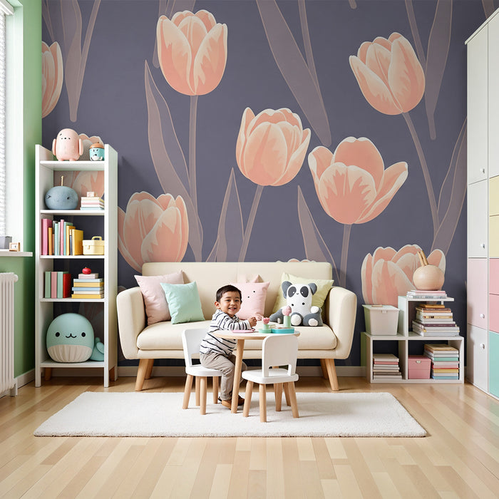 Papier peint chambre bébé | Tulipes délicates sur fond gris