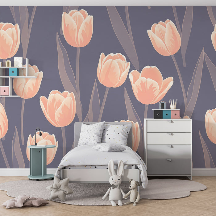 Papier peint chambre bébé | Tulipes délicates sur fond gris