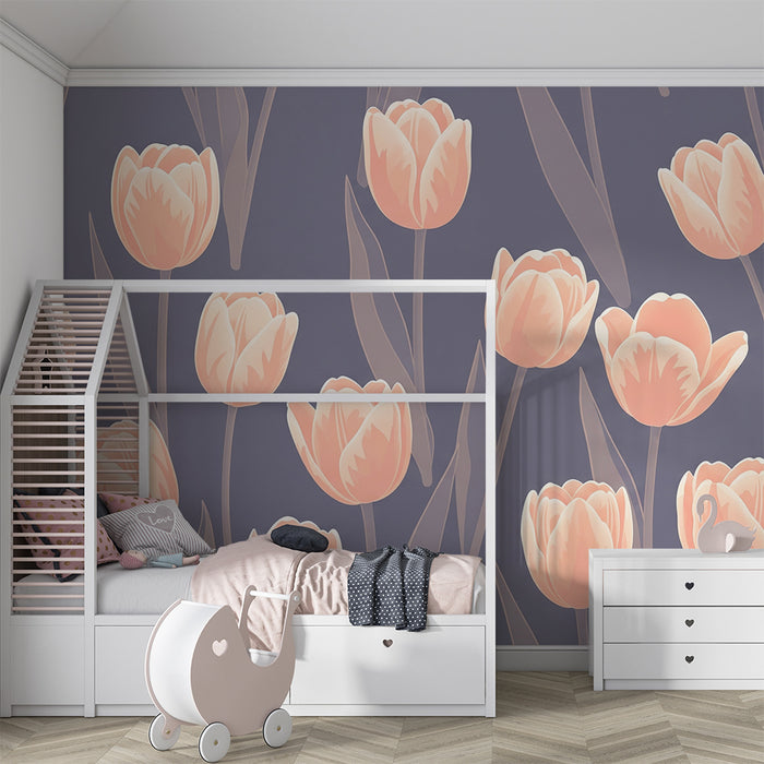 Papier peint chambre bébé | Tulipes délicates sur fond gris