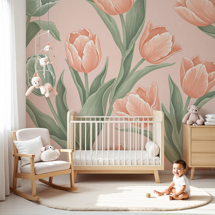 Nursery room wallpaper | Delicate tulips on a pastel background