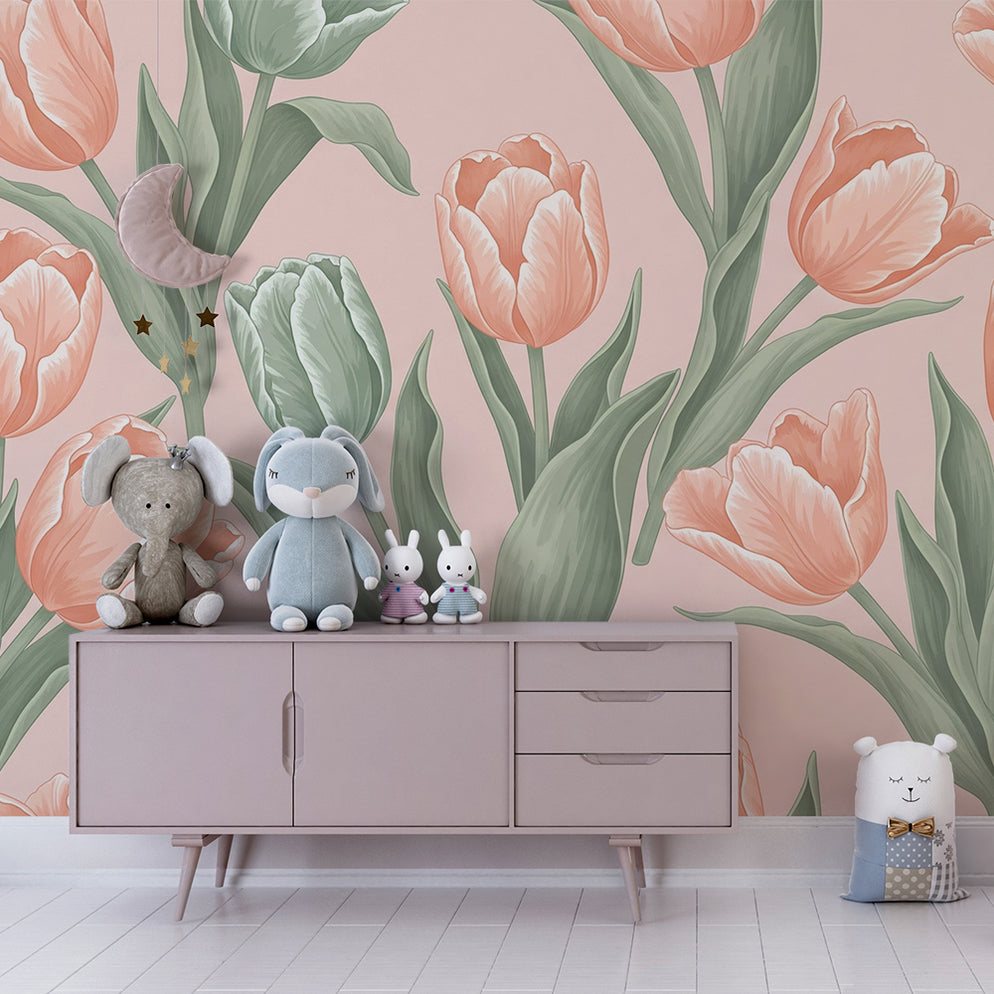 Nursery wallpaper | Peach and sage tulips on a pink background — Kids Wall