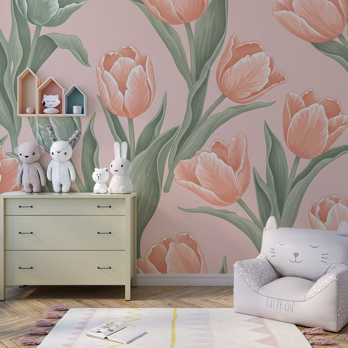 Nursery room wallpaper | Delicate tulips on a pastel background