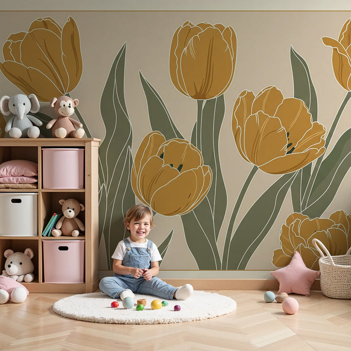 Papier peint chambre bébé | Tulipes dorées sur fond doux