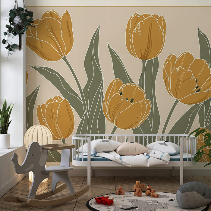 Papier peint chambre bébé | Tulipes dorées sur fond doux