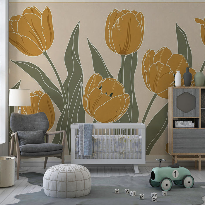 Papier peint chambre bébé | Tulipes dorées sur fond doux