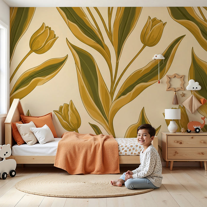 Papier peint chambre bébé | Tulipes dorées sur fond doux crème
