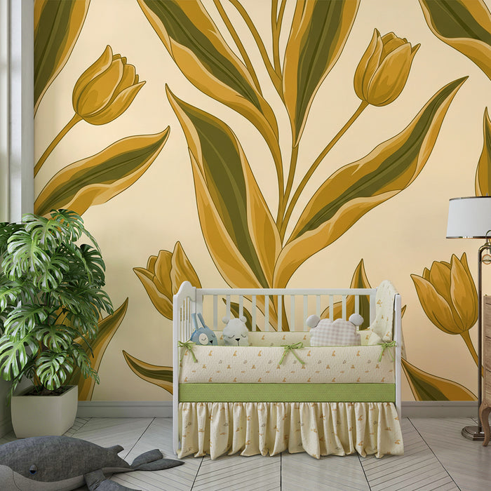 Papier peint chambre bébé | Tulipes dorées sur fond doux crème