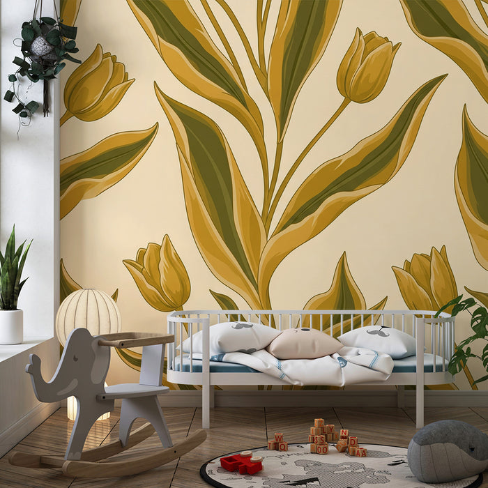 Papier peint chambre bébé | Tulipes dorées sur fond doux crème